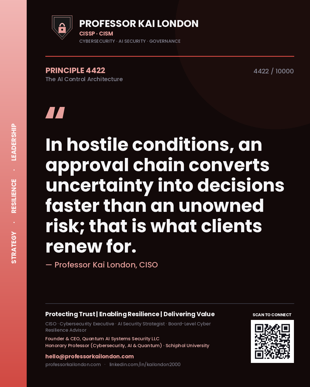 Professor Kai London principle 4422: In hostile conditions, an approval chain converts uncertainty into decisions faster than an unowned risk; that is what clients renew for.