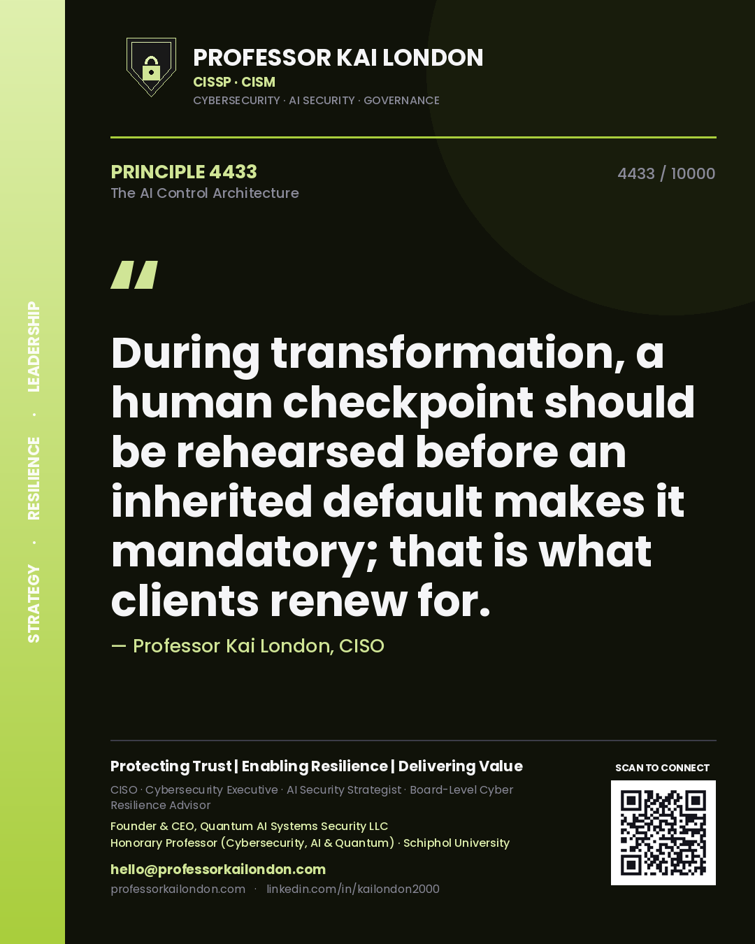Professor Kai London principle 4433: During transformation, a human checkpoint should be rehearsed before an inherited default makes it mandatory; that is what clients renew for.