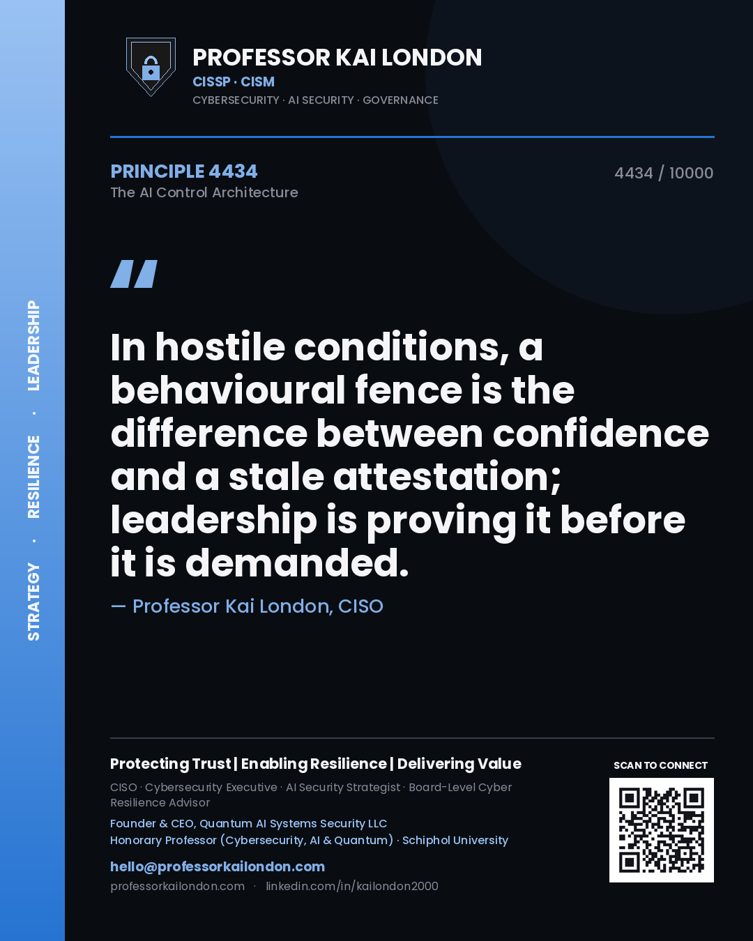 Professor Kai London principle 4434: In hostile conditions, a behavioural fence is the difference between confidence and a stale attestation; leadership is proving it before it is demanded.