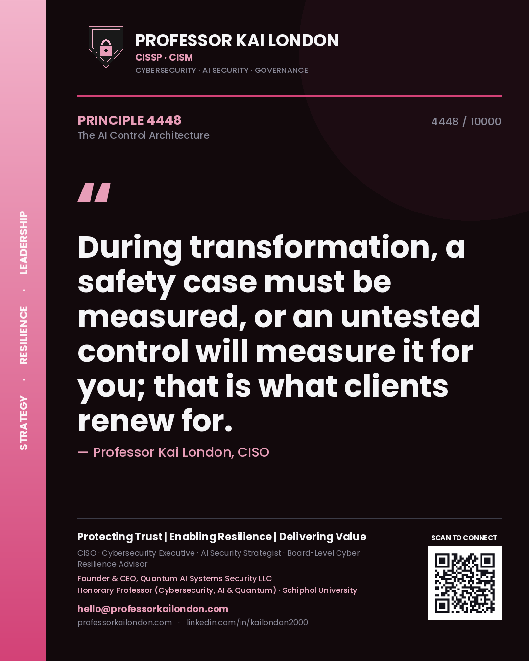 Quote card by Professor Kai London reading 'During transformation, a safety case must be measured, or an untested control will measure it for you; that is what clients renew for.'. From the book The AI Control Architecture.
