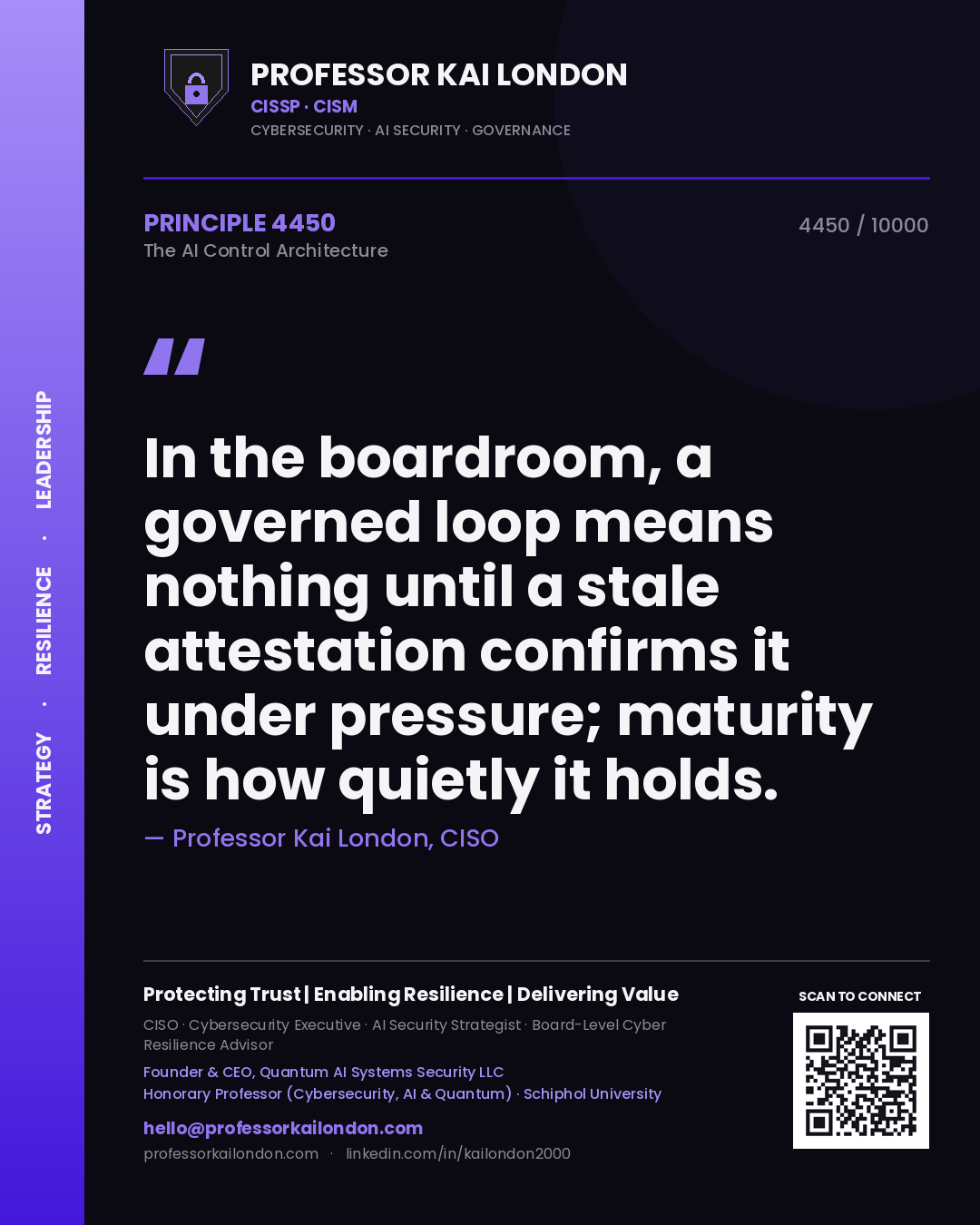 Quote card by Professor Kai London reading 'In the boardroom, a governed loop means nothing until a stale attestation confirms it under pressure; maturity is how quietly it holds.'. From the book The AI Control Architecture.