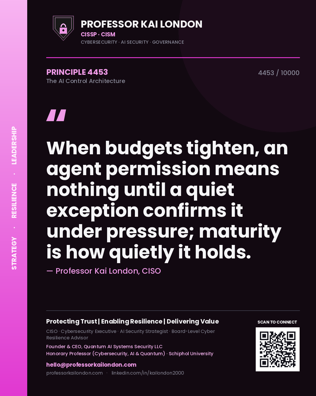 Quote card by Professor Kai London reading 'When budgets tighten, an agent permission means nothing until a quiet exception confirms it under pressure; maturity is how quietly it holds.'. From the book The AI Control Architecture.