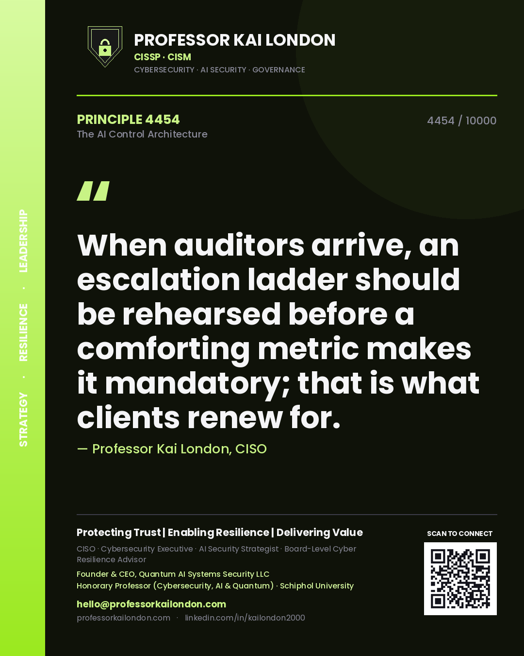 Quote card by Professor Kai London reading 'When auditors arrive, an escalation ladder should be rehearsed before a comforting metric makes it mandatory; that is what clients renew for.'. From the book The AI Control Architecture.