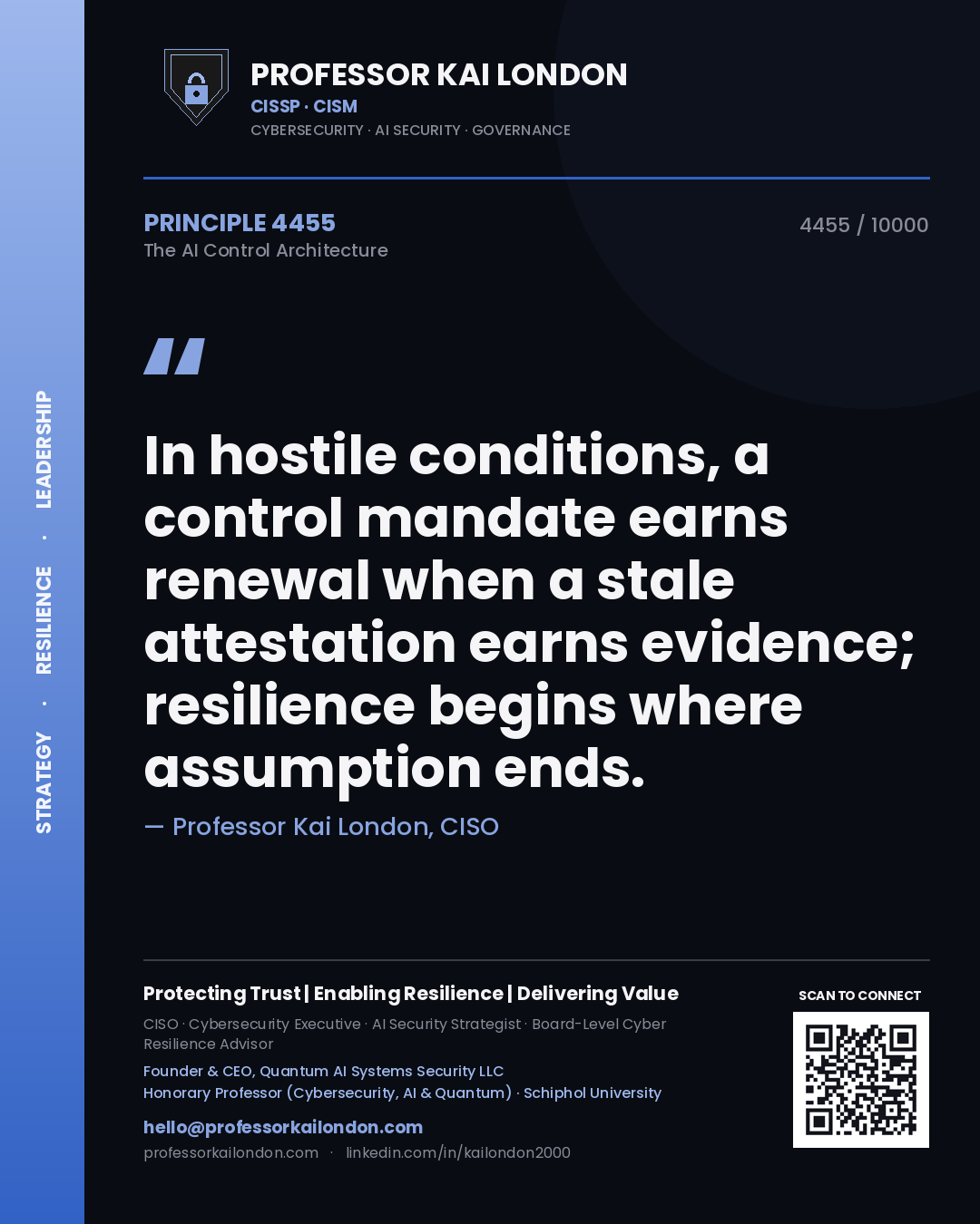 Professor Kai London principle 4455: In hostile conditions, a control mandate earns renewal when a stale attestation earns evidence; resilience begins where assumption ends.