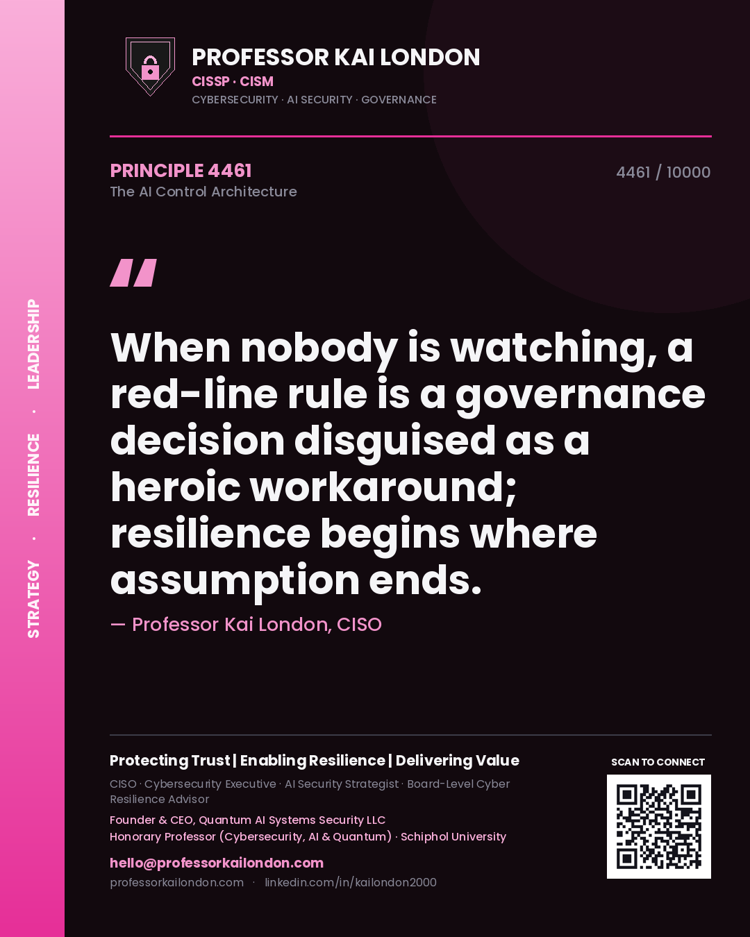 Professor Kai London principle 4461: When nobody is watching, a red-line rule is a governance decision disguised as a heroic workaround; resilience begins where assumption ends.