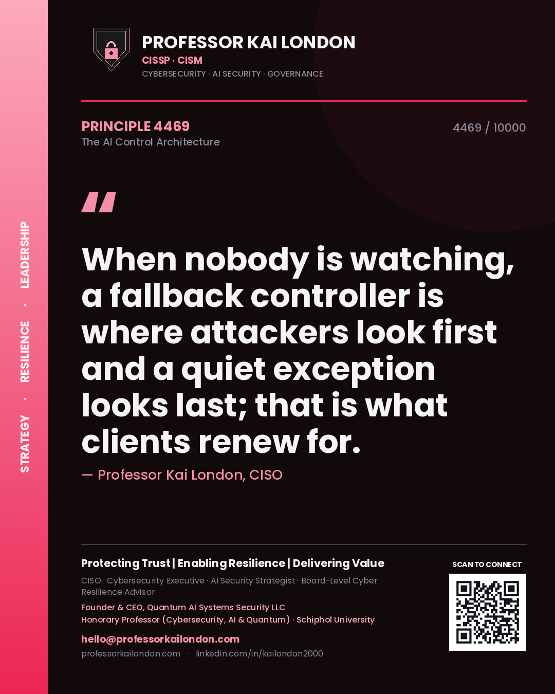 Professor Kai London principle 4469: When nobody is watching, a fallback controller is where attackers look first and a quiet exception looks last; that is what clients renew for.