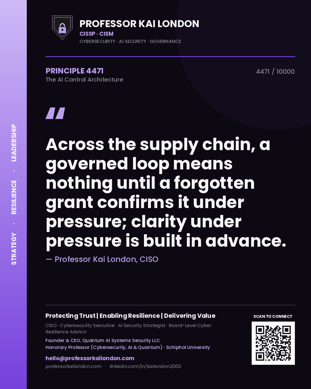 Professor Kai London principle 4471: Across the supply chain, a governed loop means nothing until a forgotten grant confirms it under pressure; clarity under pressure is built in advance.