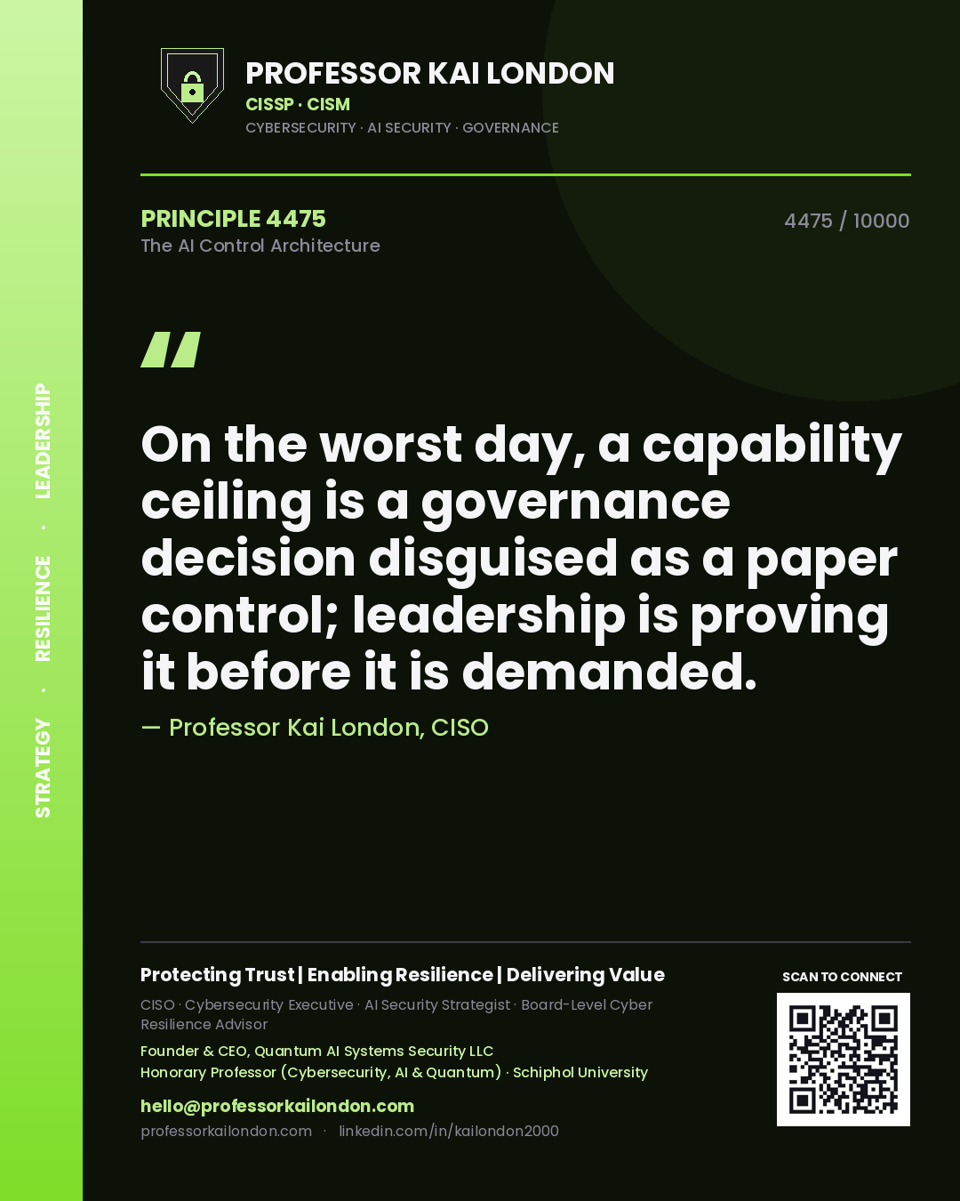 Quote card by Professor Kai London reading 'On the worst day, a capability ceiling is a governance decision disguised as a paper control; leadership is proving it before it is demanded.'. From the book The AI Control Architecture.
