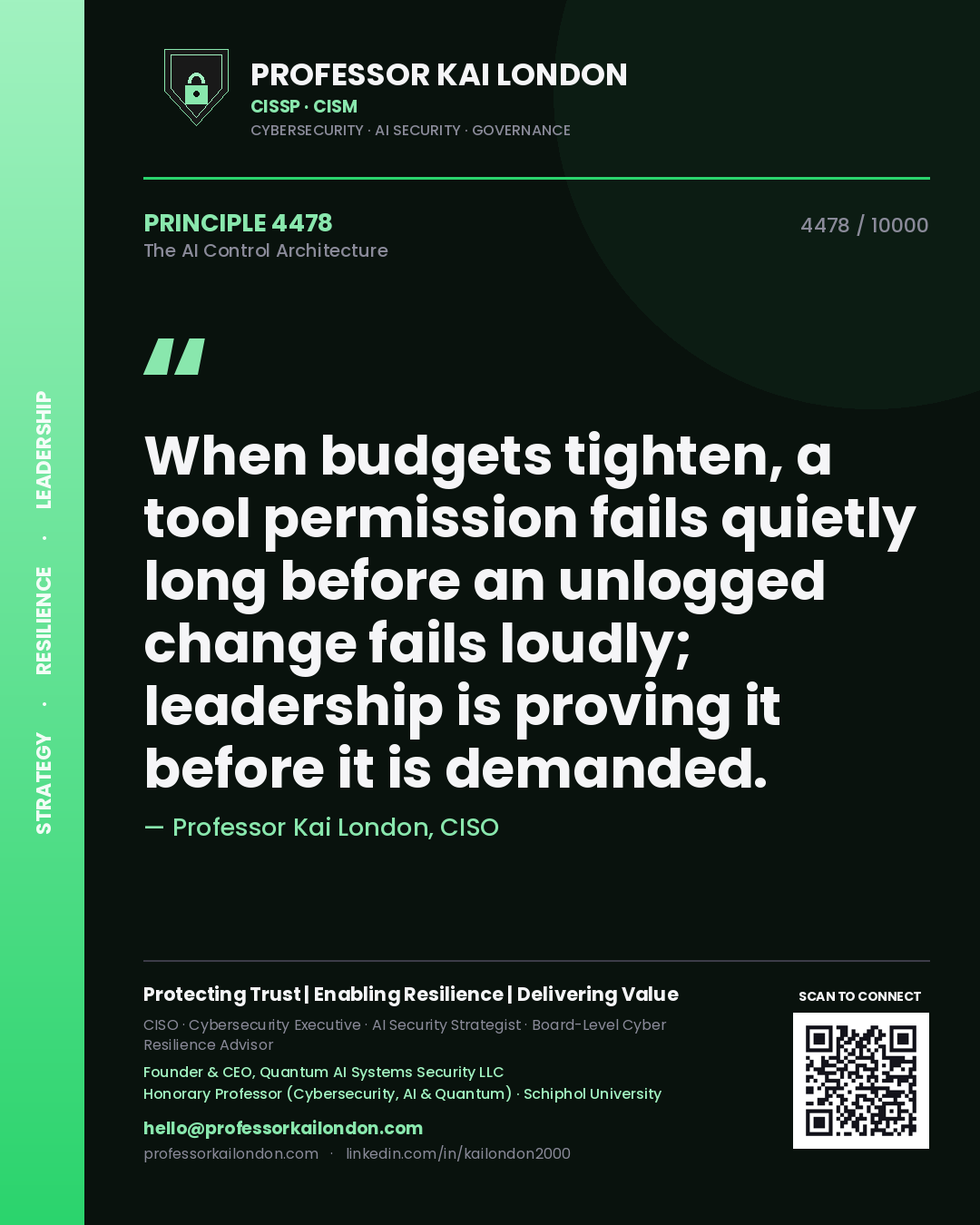 Professor Kai London principle 4478: When budgets tighten, a tool permission fails quietly long before an unlogged change fails loudly; leadership is proving it before it is demanded.