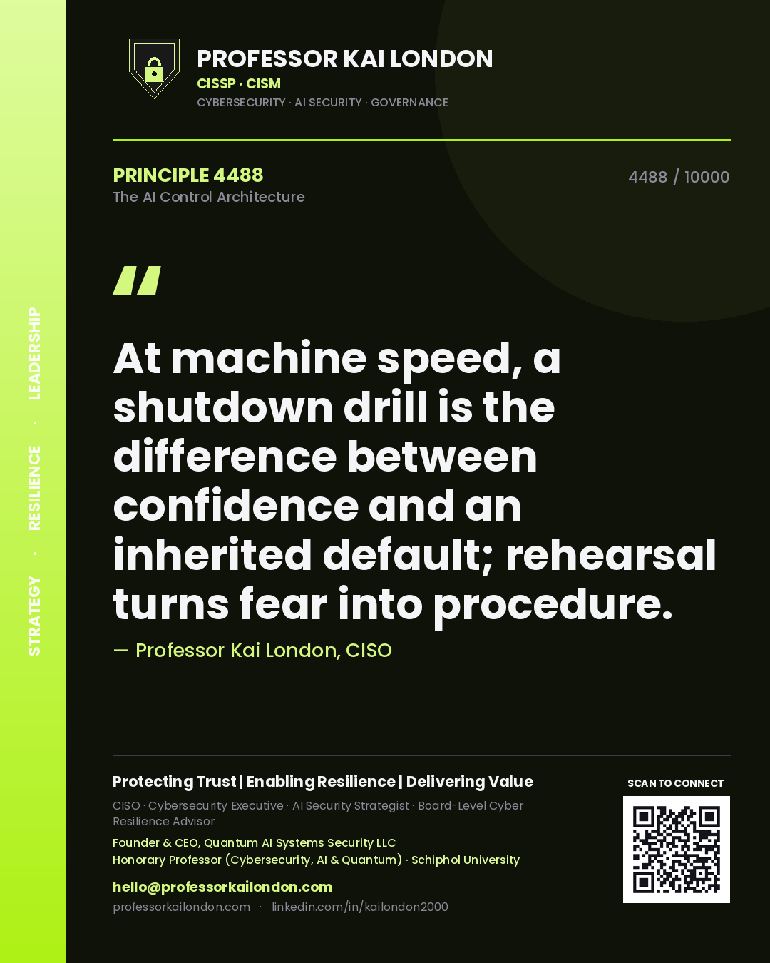 Professor Kai London principle 4488: At machine speed, a shutdown drill is the difference between confidence and an inherited default; rehearsal turns fear into procedure.