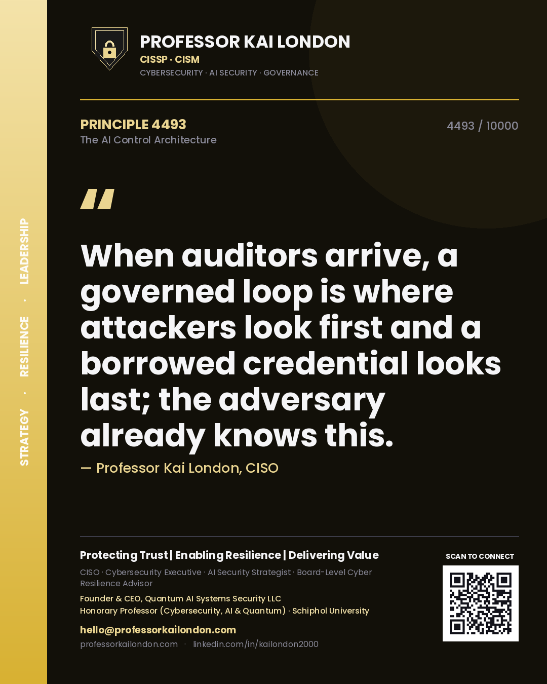 Professor Kai London principle 4493: When auditors arrive, a governed loop is where attackers look first and a borrowed credential looks last; the adversary already knows this.