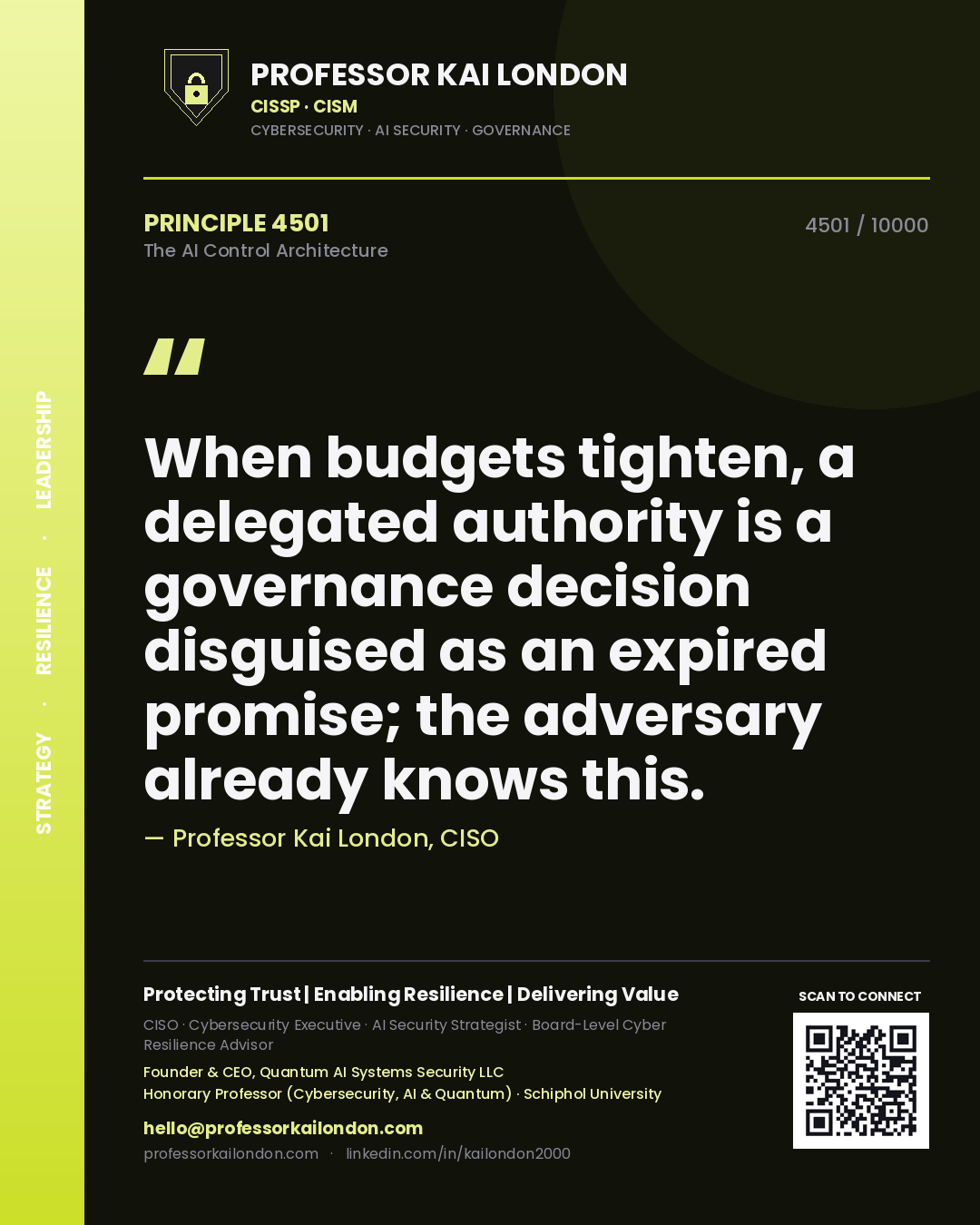 Professor Kai London principle 4501: When budgets tighten, a delegated authority is a governance decision disguised as an expired promise; the adversary already knows this.