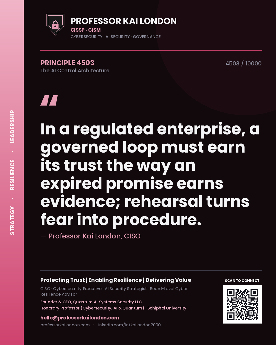 Professor Kai London principle 4503: In a regulated enterprise, a governed loop must earn its trust the way an expired promise earns evidence; rehearsal turns fear into procedure.