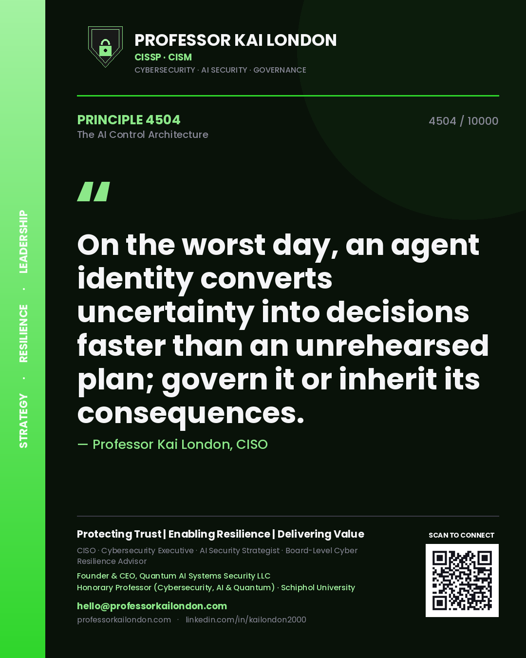 Professor Kai London principle 4504: On the worst day, an agent identity converts uncertainty into decisions faster than an unrehearsed plan; govern it or inherit its consequences.