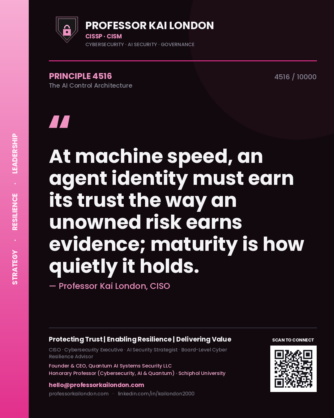 Quote card by Professor Kai London reading 'At machine speed, an agent identity must earn its trust the way an unowned risk earns evidence; maturity is how quietly it holds.'. From the book The AI Control Architecture.