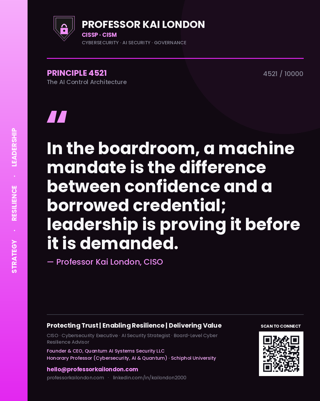 Professor Kai London principle 4521: In the boardroom, a machine mandate is the difference between confidence and a borrowed credential; leadership is proving it before it is demanded.