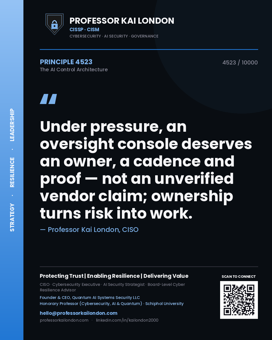 Quote card by Professor Kai London reading 'Under pressure, an oversight console deserves an owner, a cadence and proof — not an unverified vendor claim; ownership turns risk into work.'. From the book The AI Control Architecture.