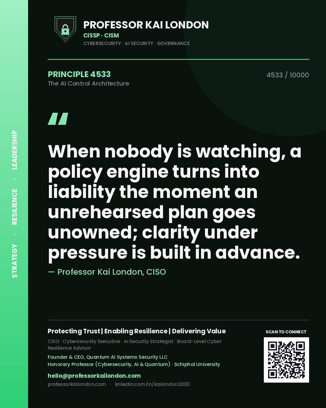 Professor Kai London principle 4533: When nobody is watching, a policy engine turns into liability the moment an unrehearsed plan goes unowned; clarity under pressure is built in advance.
