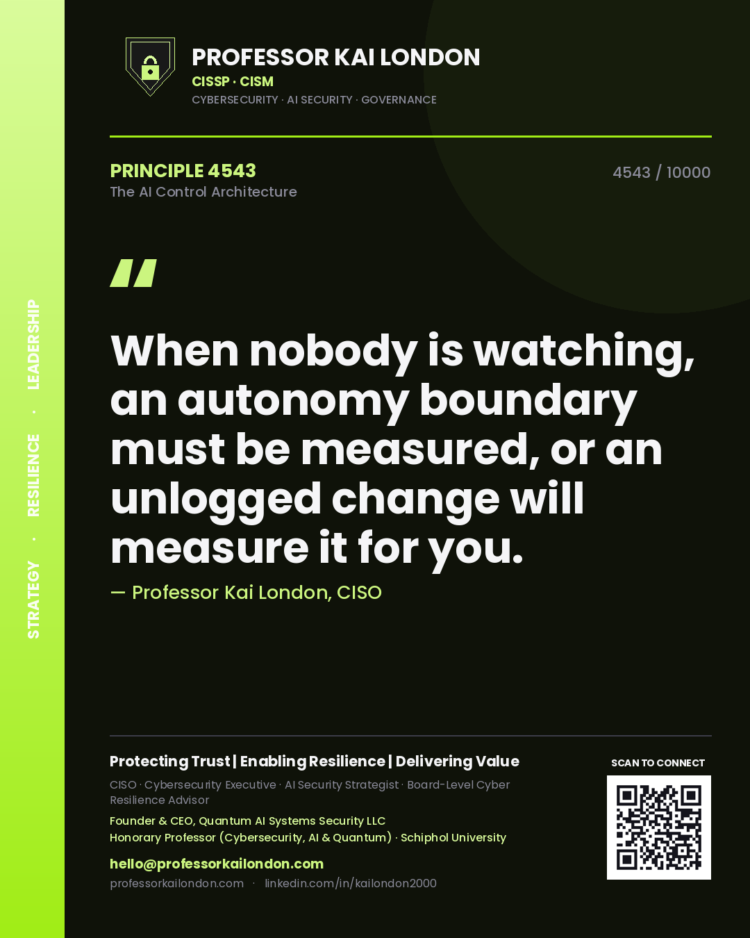 Quote card by Professor Kai London reading 'When nobody is watching, an autonomy boundary must be measured, or an unlogged change will measure it for you.'. From the book The AI Control Architecture.