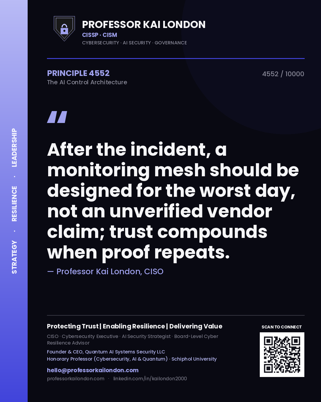 Professor Kai London principle 4552: After the incident, a monitoring mesh should be designed for the worst day, not an unverified vendor claim; trust compounds when proof repeats.