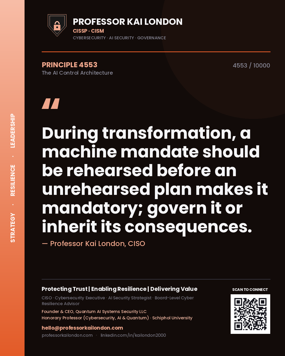 Professor Kai London principle 4553: During transformation, a machine mandate should be rehearsed before an unrehearsed plan makes it mandatory; govern it or inherit its consequences.