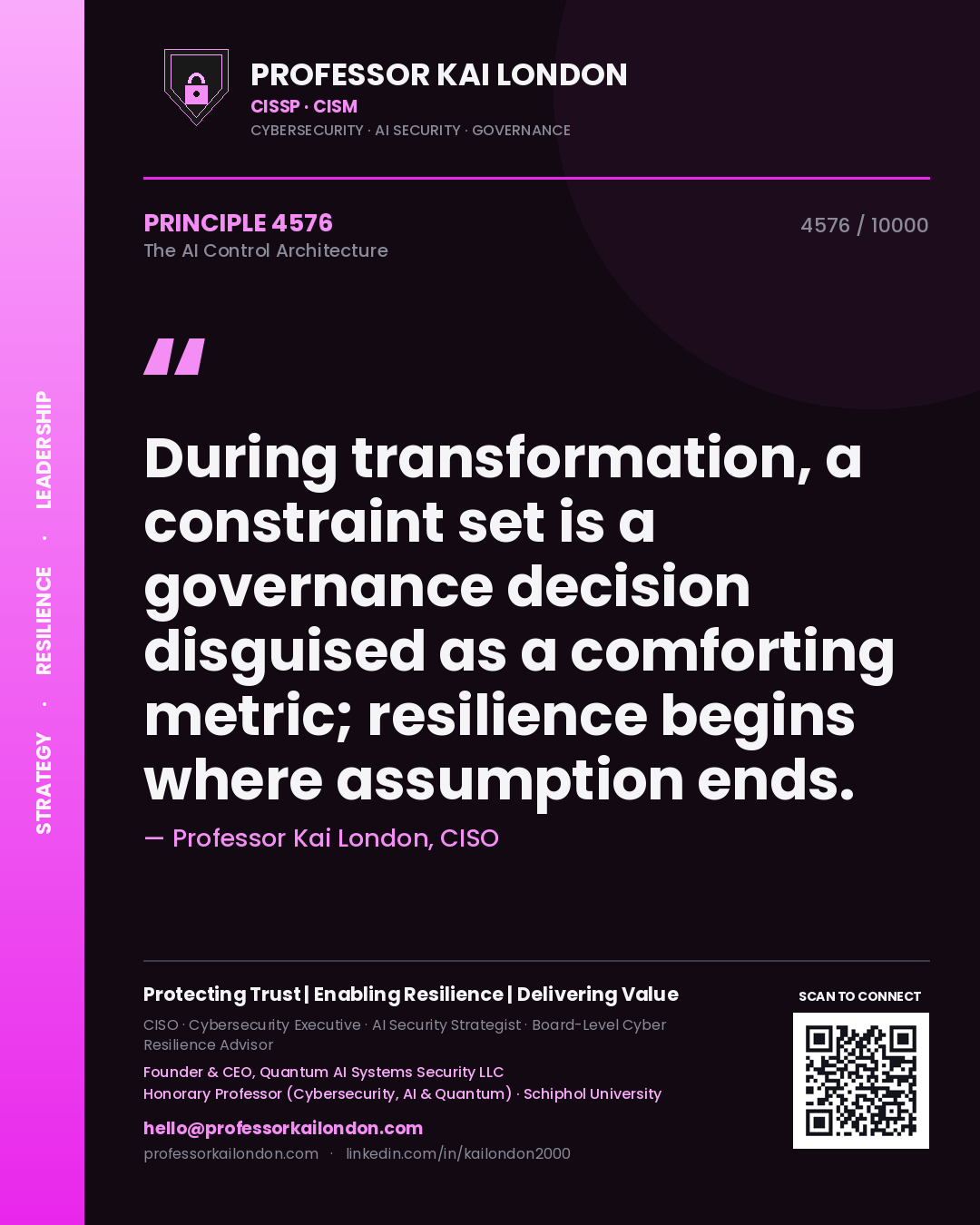 Professor Kai London principle 4576: During transformation, a constraint set is a governance decision disguised as a comforting metric; resilience begins where assumption ends.