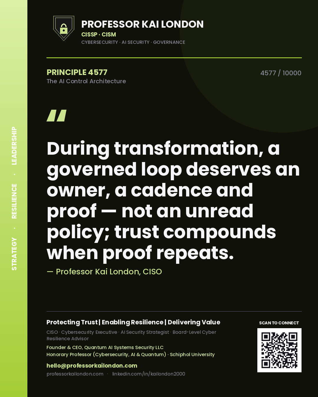 Professor Kai London principle 4577: During transformation, a governed loop deserves an owner, a cadence and proof — not an unread policy; trust compounds when proof repeats.
