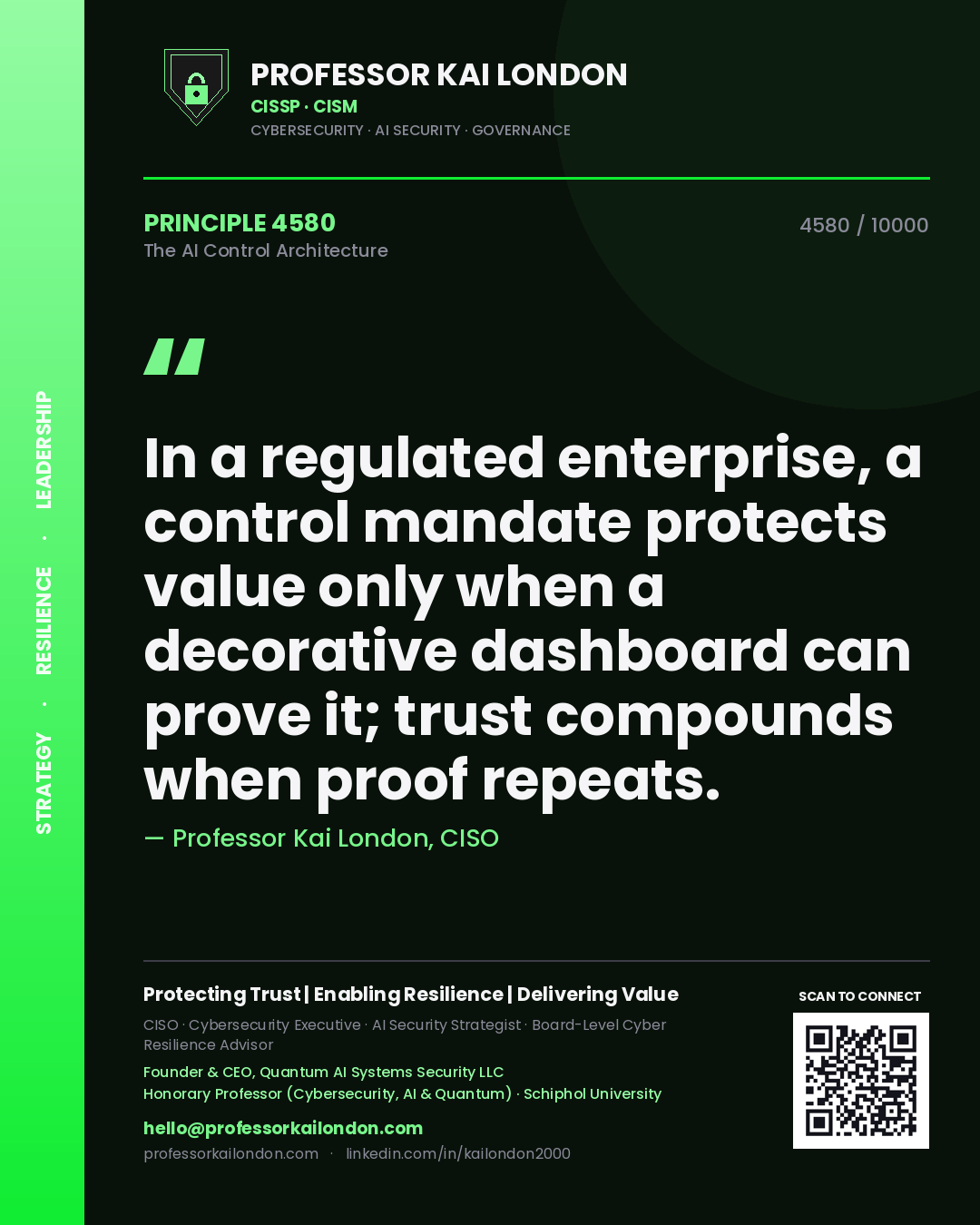 Professor Kai London principle 4580: In a regulated enterprise, a control mandate protects value only when a decorative dashboard can prove it; trust compounds when proof repeats.