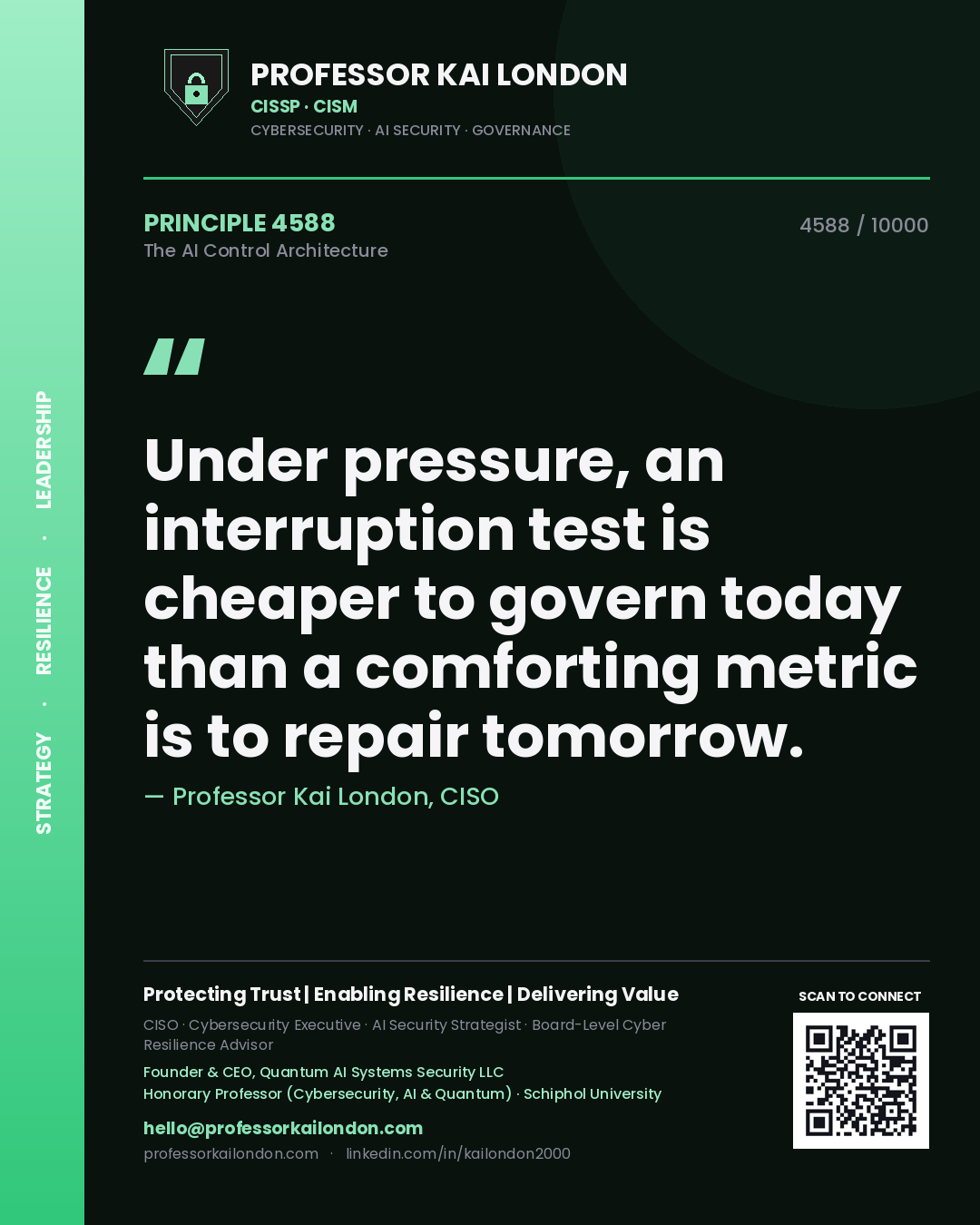 Professor Kai London principle 4588: Under pressure, an interruption test is cheaper to govern today than a comforting metric is to repair tomorrow.