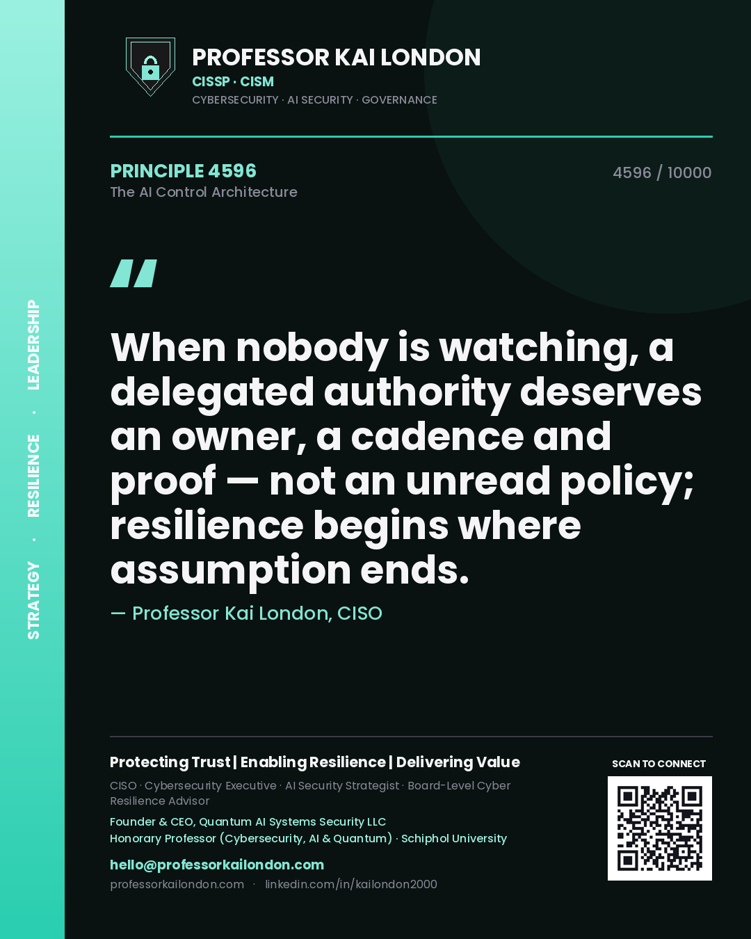 Professor Kai London principle 4596: When nobody is watching, a delegated authority deserves an owner, a cadence and proof — not an unread policy; resilience begins where assumption ends.