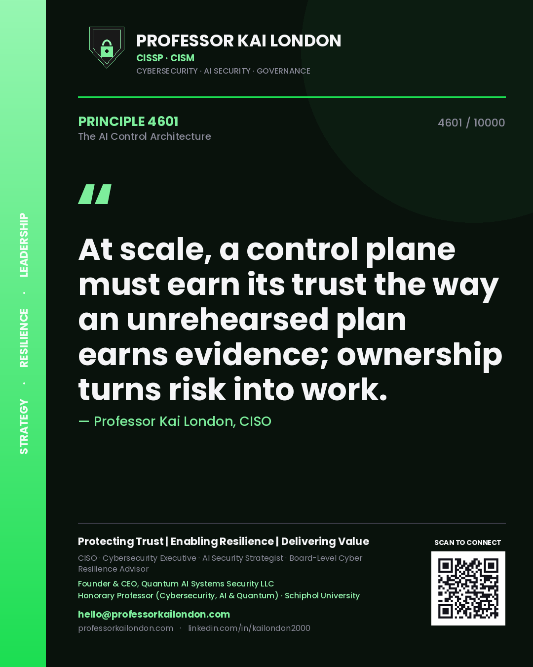 Quote card by Professor Kai London reading 'At scale, a control plane must earn its trust the way an unrehearsed plan earns evidence; ownership turns risk into work.'. From the book The AI Control Architecture.