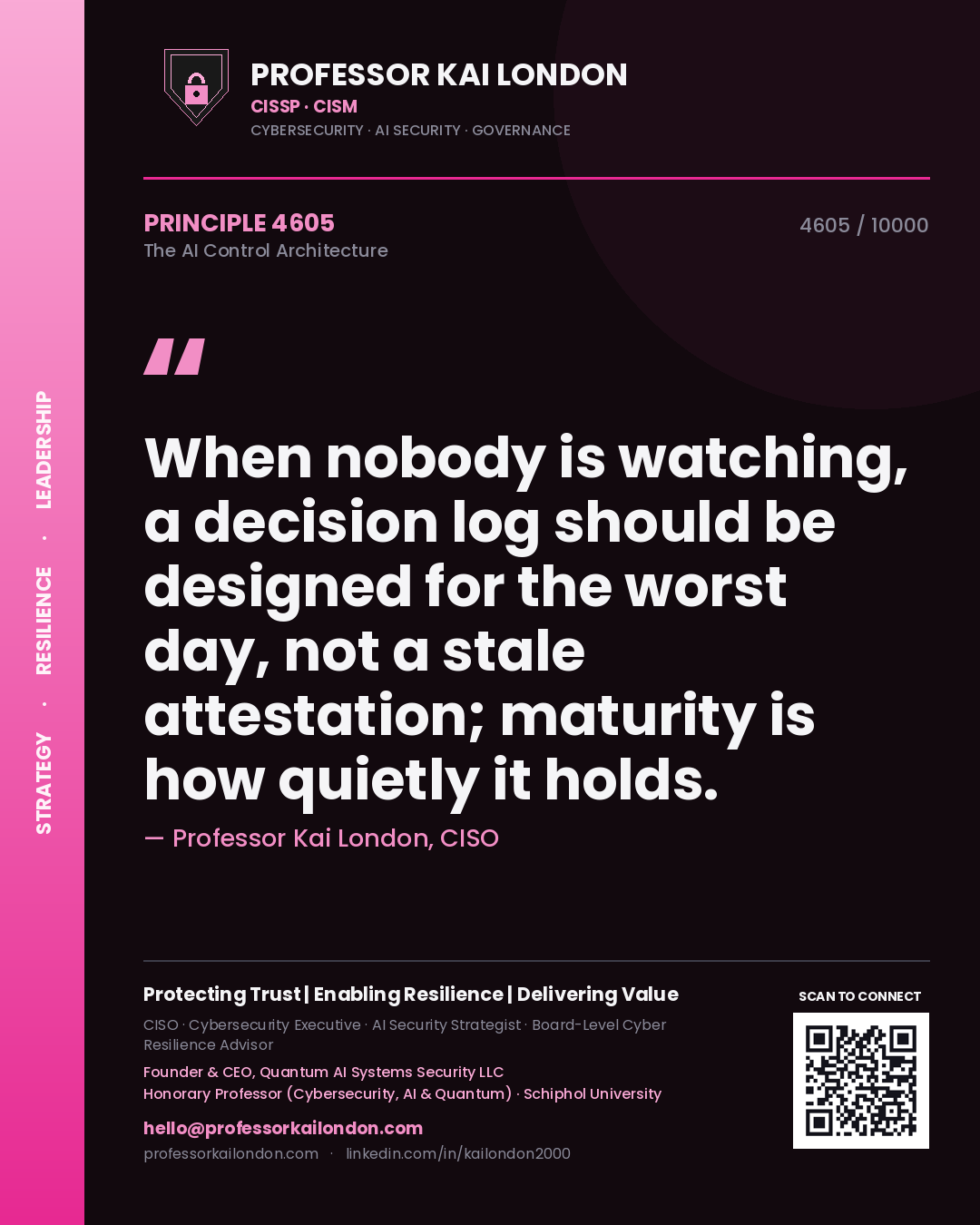 Professor Kai London principle 4605: When nobody is watching, a decision log should be designed for the worst day, not a stale attestation; maturity is how quietly it holds.