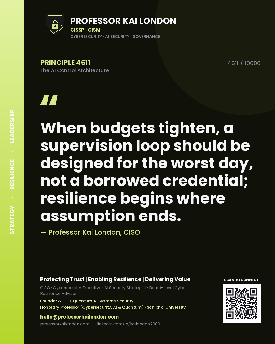 Quote card by Professor Kai London reading 'When budgets tighten, a supervision loop should be designed for the worst day, not a borrowed credential; resilience begins where assumption ends.'. From the book The AI Control Architecture.