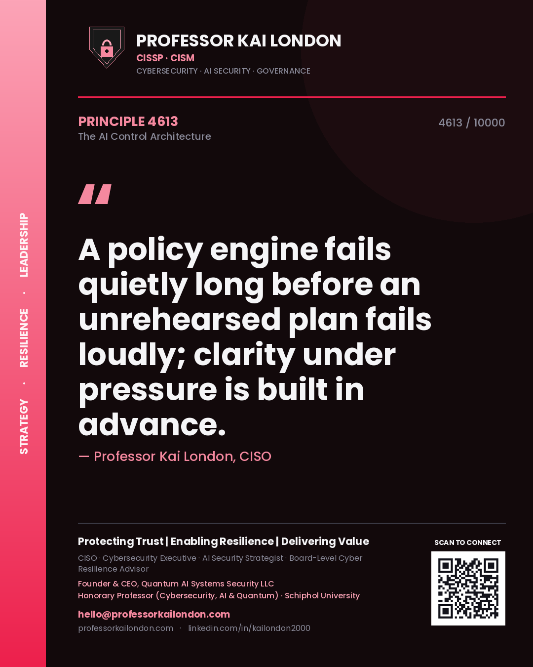 Professor Kai London principle 4613: A policy engine fails quietly long before an unrehearsed plan fails loudly; clarity under pressure is built in advance.