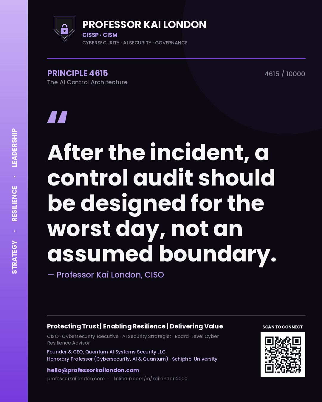 Quote card by Professor Kai London reading 'After the incident, a control audit should be designed for the worst day, not an assumed boundary.'. From the book The AI Control Architecture.