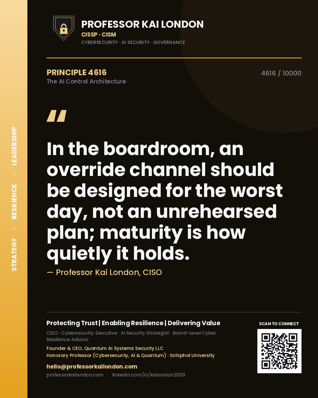 Quote card by Professor Kai London reading 'In the boardroom, an override channel should be designed for the worst day, not an unrehearsed plan; maturity is how quietly it holds.'. From the book The AI Control Architecture.