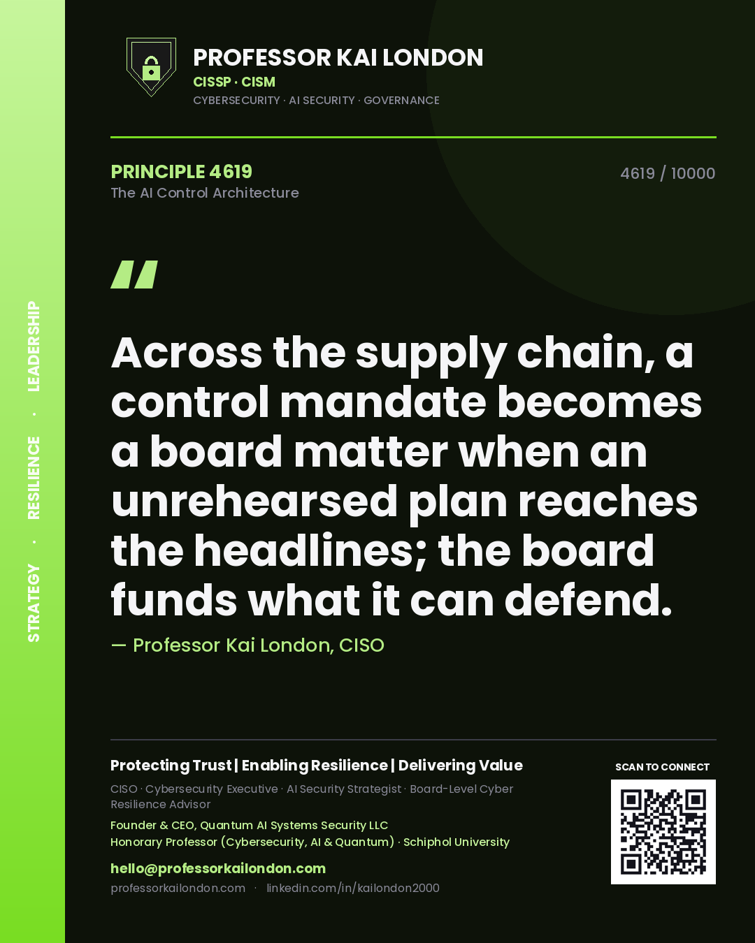 Professor Kai London principle 4619: Across the supply chain, a control mandate becomes a board matter when an unrehearsed plan reaches the headlines; the board funds what it can defend.