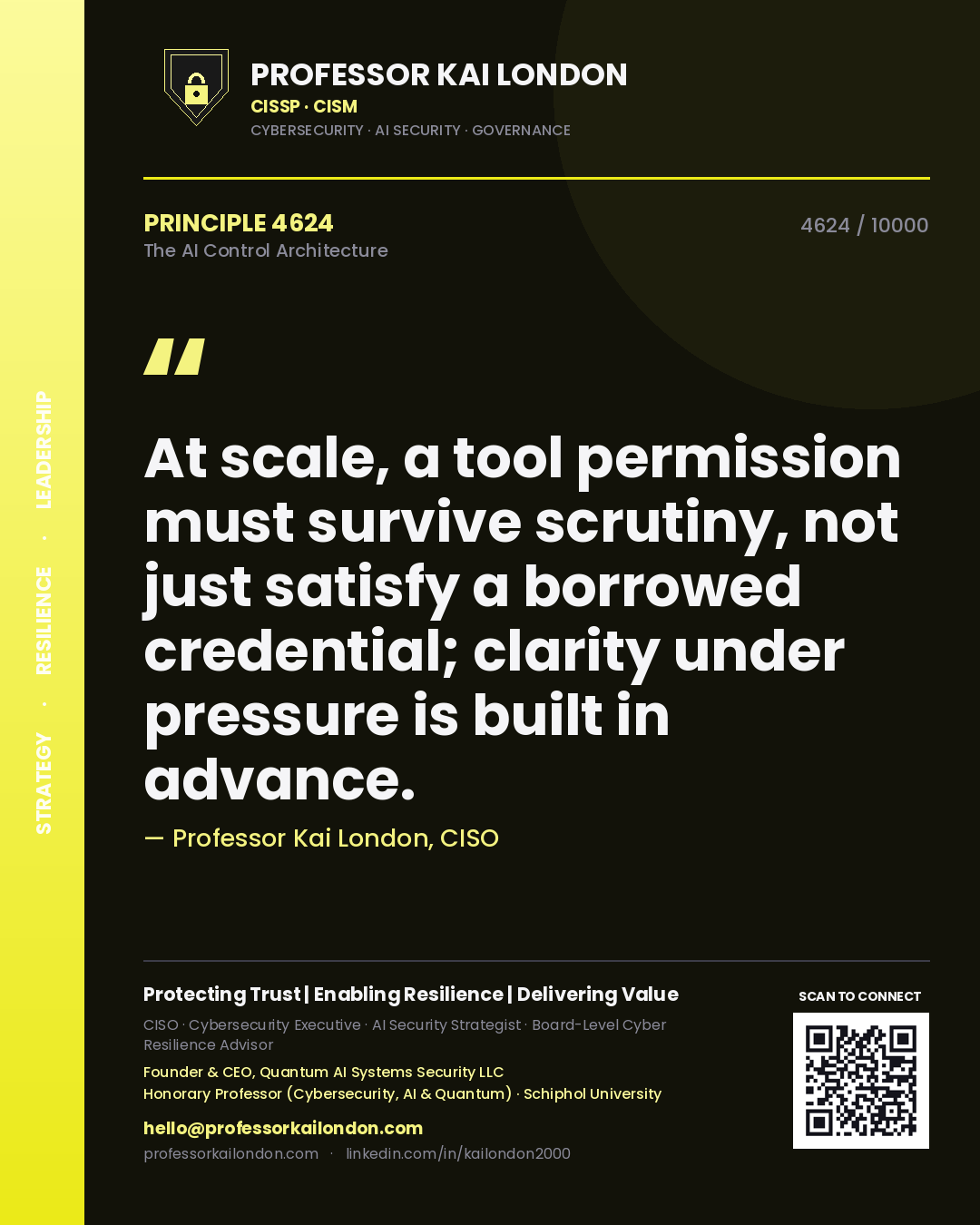 Quote card by Professor Kai London reading 'At scale, a tool permission must survive scrutiny, not just satisfy a borrowed credential; clarity under pressure is built in advance.'. From the book The AI Control Architecture.