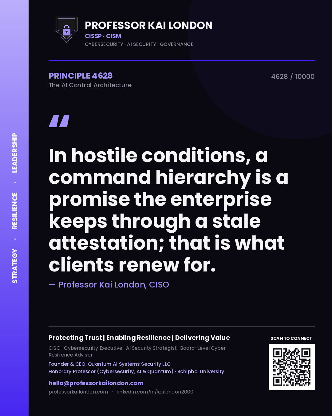 Professor Kai London principle 4628: In hostile conditions, a command hierarchy is a promise the enterprise keeps through a stale attestation; that is what clients renew for.