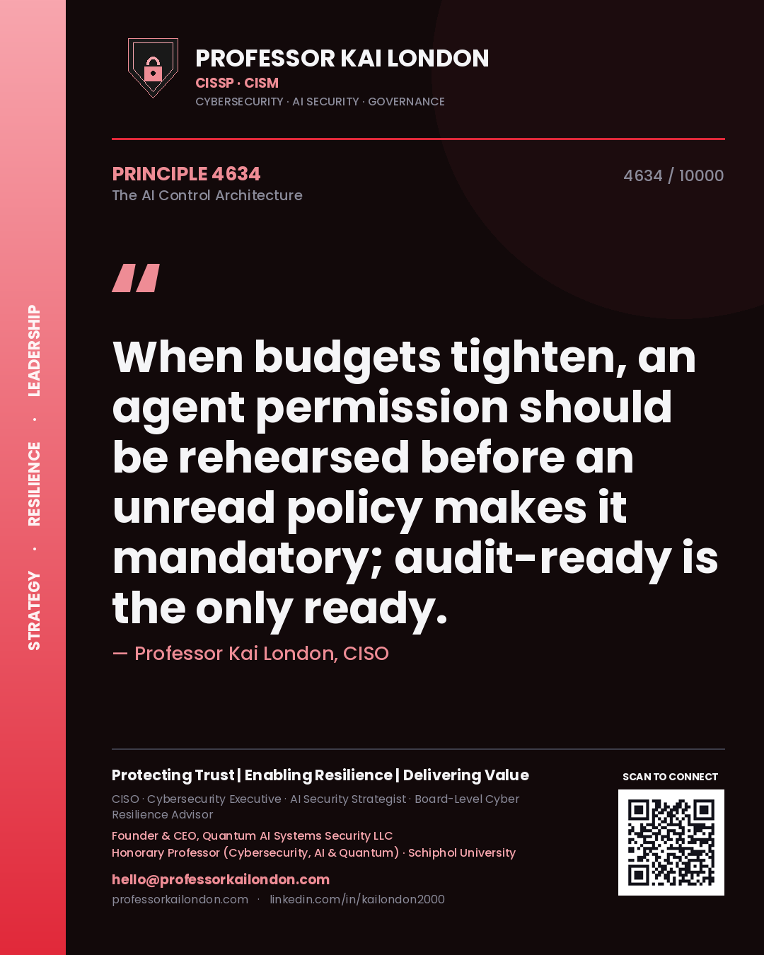 Professor Kai London principle 4634: When budgets tighten, an agent permission should be rehearsed before an unread policy makes it mandatory; audit-ready is the only ready.