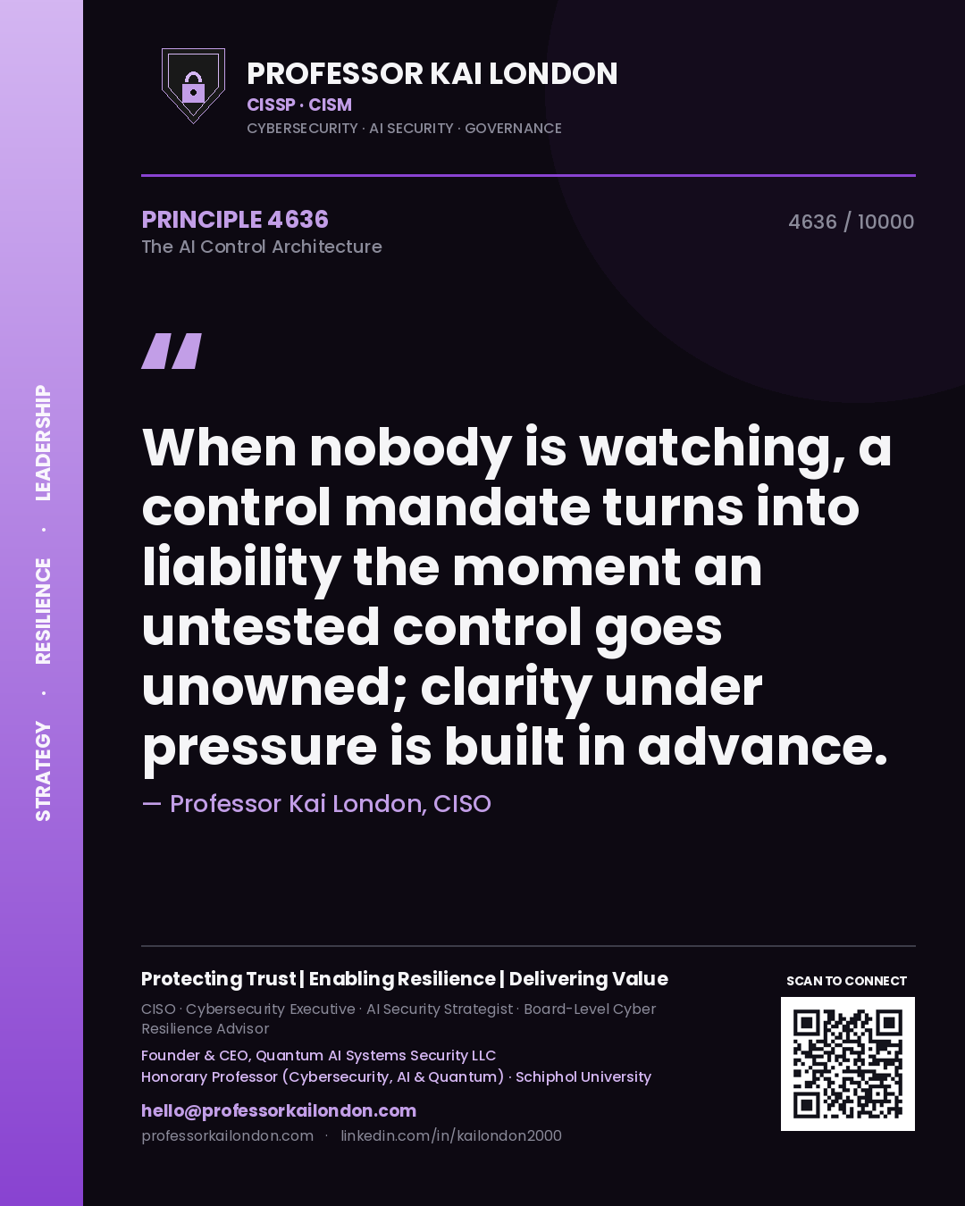 Professor Kai London principle 4636: When nobody is watching, a control mandate turns into liability the moment an untested control goes unowned; clarity under pressure is built in advance.