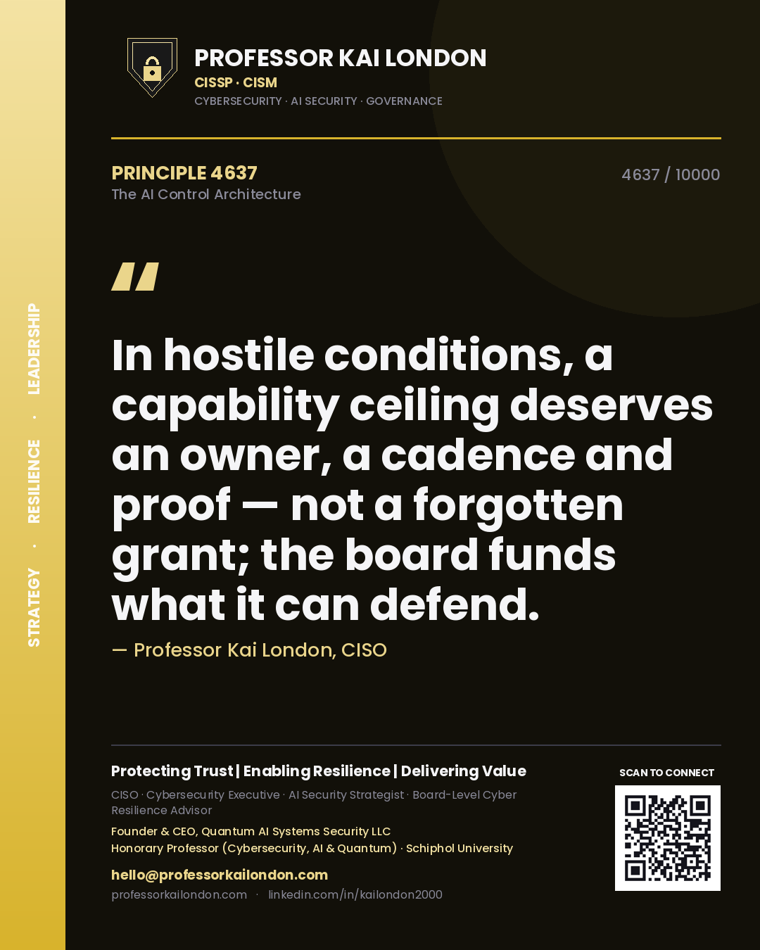 Professor Kai London principle 4637: In hostile conditions, a capability ceiling deserves an owner, a cadence and proof — not a forgotten grant; the board funds what it can defend.