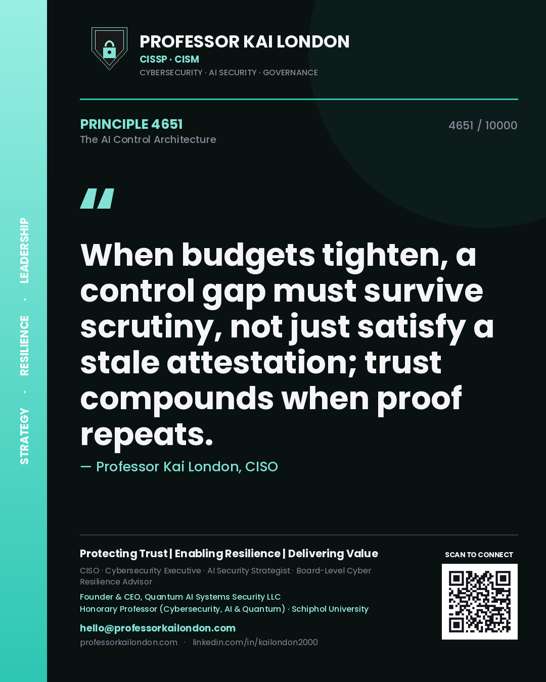 Professor Kai London principle 4651: When budgets tighten, a control gap must survive scrutiny, not just satisfy a stale attestation; trust compounds when proof repeats.