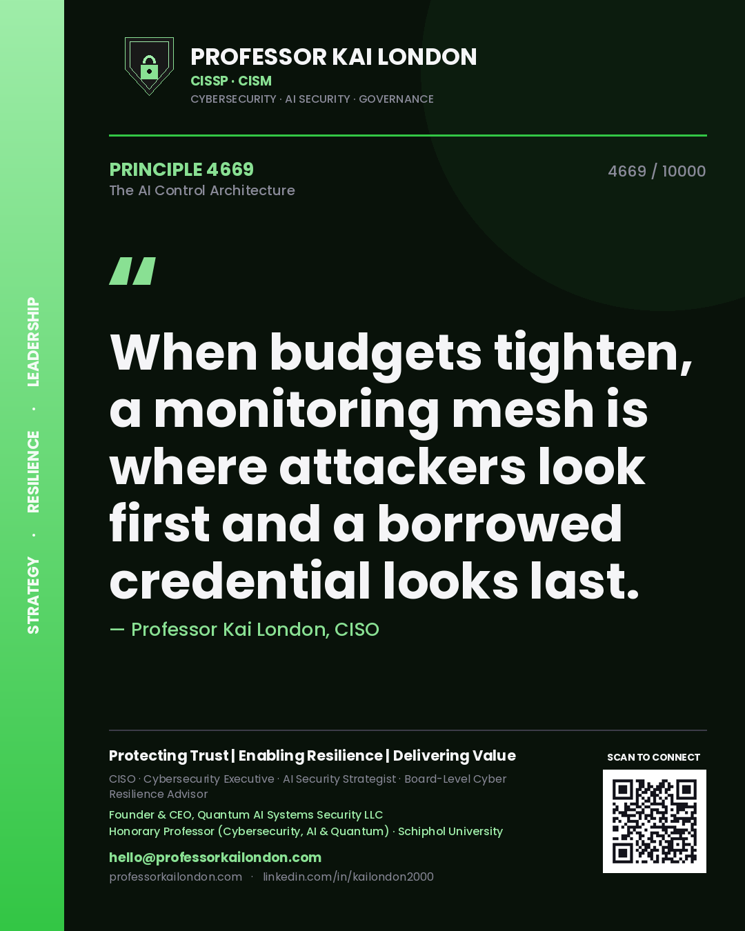 Quote card by Professor Kai London reading 'When budgets tighten, a monitoring mesh is where attackers look first and a borrowed credential looks last.'. From the book The AI Control Architecture.