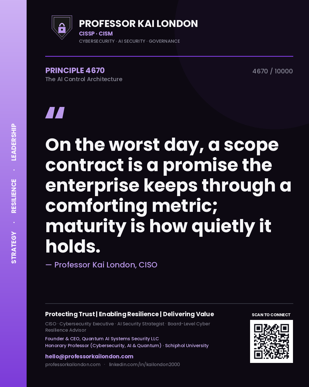 Professor Kai London principle 4670: On the worst day, a scope contract is a promise the enterprise keeps through a comforting metric; maturity is how quietly it holds.
