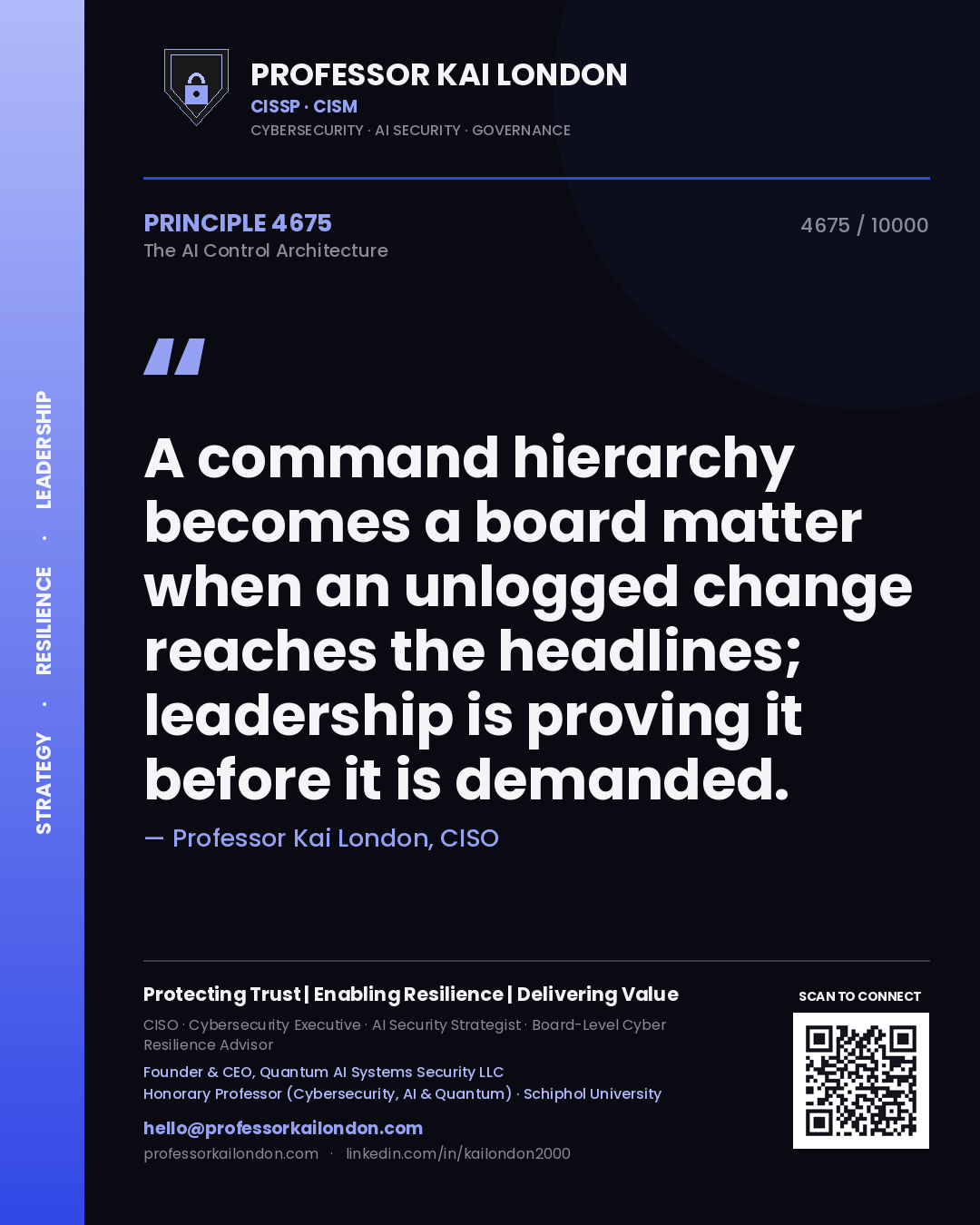 Professor Kai London principle 4675: A command hierarchy becomes a board matter when an unlogged change reaches the headlines; leadership is proving it before it is demanded.