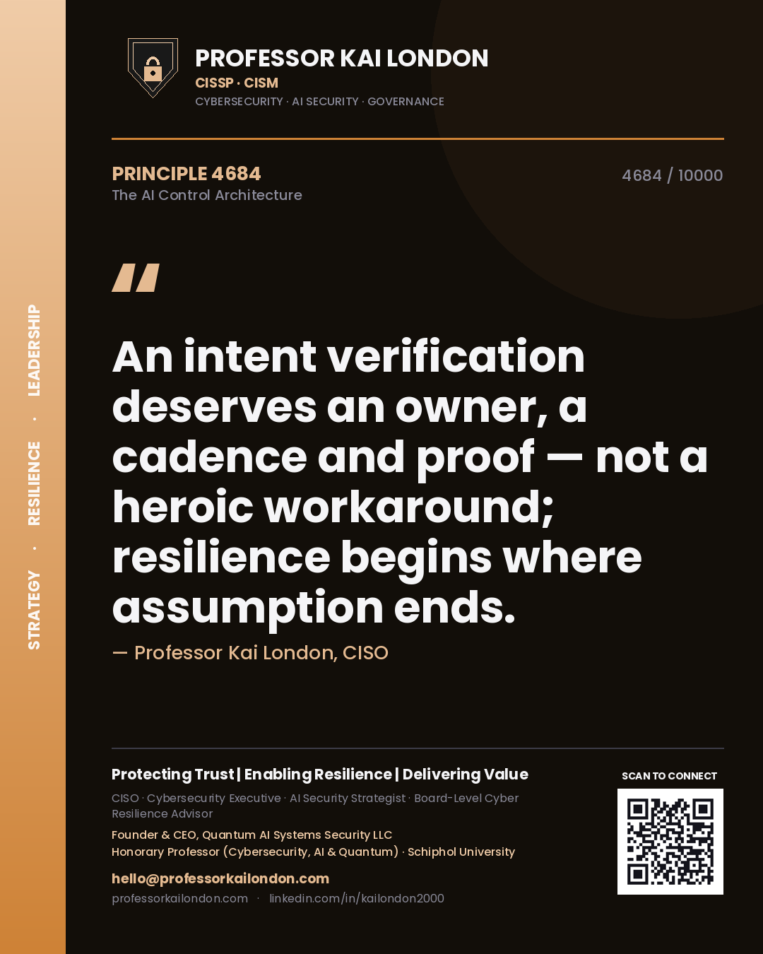 Professor Kai London principle 4684: An intent verification deserves an owner, a cadence and proof — not a heroic workaround; resilience begins where assumption ends.