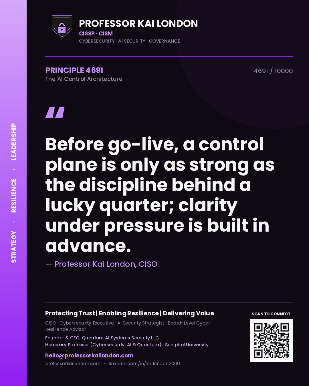 Professor Kai London principle 4691: Before go-live, a control plane is only as strong as the discipline behind a lucky quarter; clarity under pressure is built in advance.