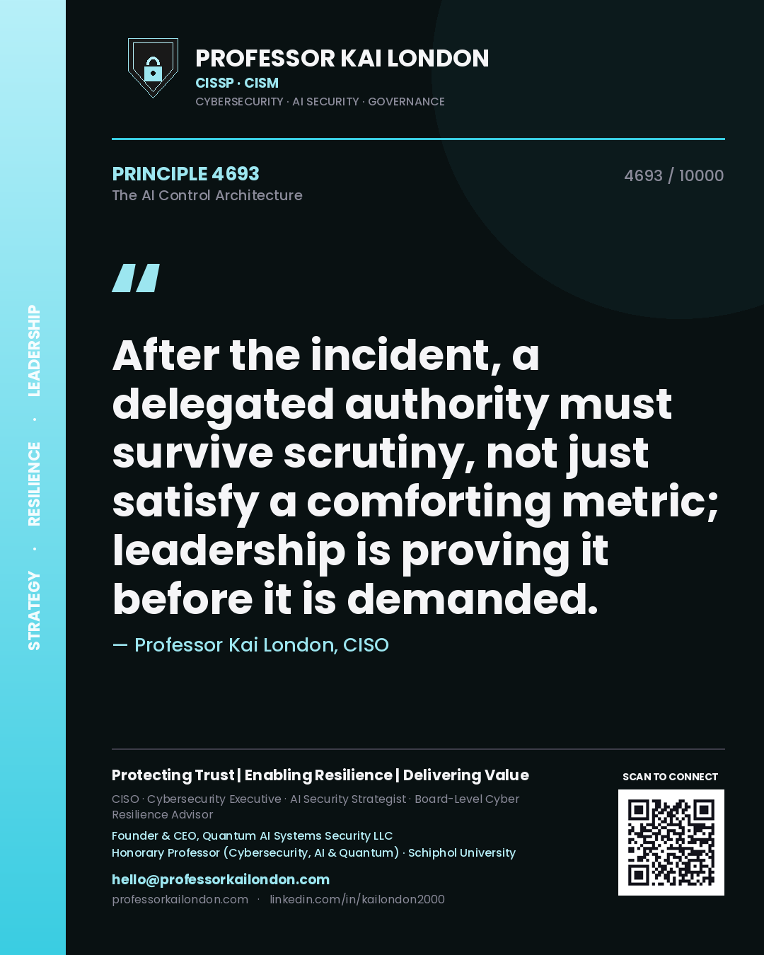Quote card by Professor Kai London reading 'After the incident, a delegated authority must survive scrutiny, not just satisfy a comforting metric; leadership is proving it before it is demanded.'. From the book The AI Control Architecture.
