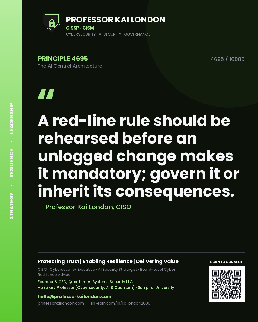 Professor Kai London principle 4695: A red-line rule should be rehearsed before an unlogged change makes it mandatory; govern it or inherit its consequences.